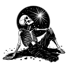 Black and white illustration of a skeleton sitting against a starry night background, evoking a mystical and eerie theme.