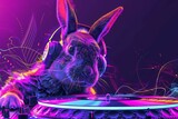 Fototapeta Natura - Vibrant DJ Rabbit with Headphones, Music Party Concept