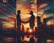 Businessmen shaking hands against the background of skyscrapers during sunset.