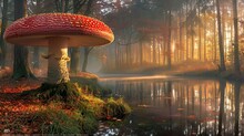 The Mushroom Is By The Water On The Shore Of A Small Pond