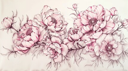 Wall Mural - hand-drawn pattern weaves a dance of delicate peonies and roses in shades of blush