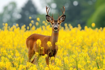 deer in the meadow yellow flower field