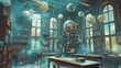 A classroom scene with floating globes and textbooks in a whimsical setting  AI generated illustration