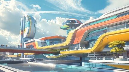Wall Mural - A futuristic 3d render of a flying school building with Memphis-style colors AI generated illustration