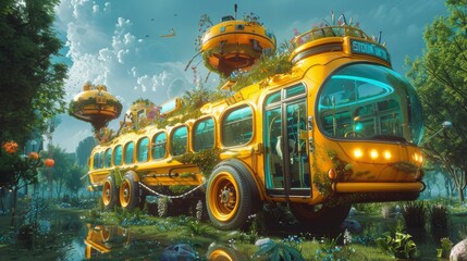 Wall Mural - A futuristic school bus with floating windows and wheels in a dream-like environment AI generated illustration