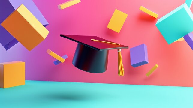 A geometric 3d render of a flying graduation cap with vibrant colors AI generated illustration