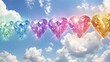 A row of colorful diamonds with wings gliding through the sky AI generated illustration
