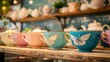 A row of cute teacups with wings fluttering above them AI generated illustration
