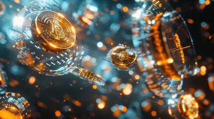 Poster - A series of D-rendered flying objects resembling different cryptocurrency symbols AI generated illustration