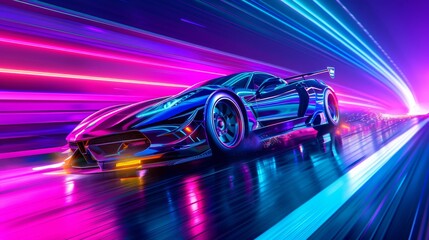 Poster - A supercar speeding through a neon-lit 3d rendered world AI generated illustration