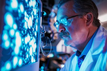 Leinwandbilder - An engaged male scientist studies complex genetic information on a monitor in a dimly lit lab, representing innovation and research
