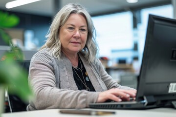 Aufkleber - Mature businesswoman with blonde hair working intently on a computer in a modern office setting
