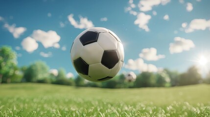 Fototapete - A whimsical 3d rendered flying soccer ball   AI generated illustration