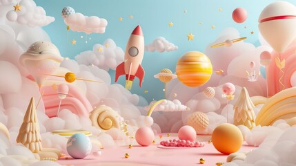 Poster - A whimsical mix of flying objects in a 3d isolated setting   AI generated illustration