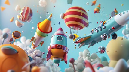 Wall Mural - A whimsical mix of flying objects in a 3d isolated setting  AI generated illustration