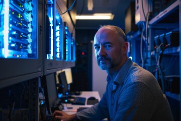 Poster - A serious tech professional operates computer equipment in a server room with ambient blue lighting