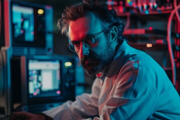 Aufkleber - A side view of a tech expert deeply immersed in his work at a data center full of servers, reflecting late-night diligence and technology management