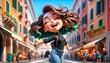 3D girl rejoices on the street of Italy.