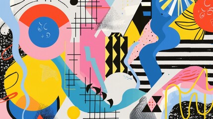 Wall Mural - Abstract shapes and patterns in a Memphis style composition   AI generated illustration