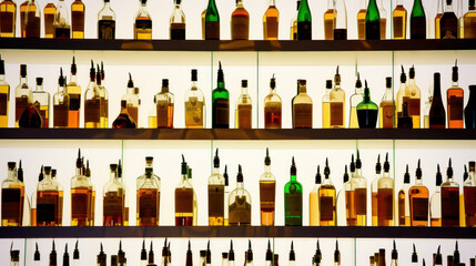 A lot of different bottles sitting on bar shelf, back light