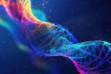 Poster - vibrant rainbow dna strands on deep blue background abstract science concept digital ilustration