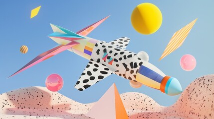 Poster - An imaginative isolated flying object inspired by the Memphis design movement  AI generated illustration