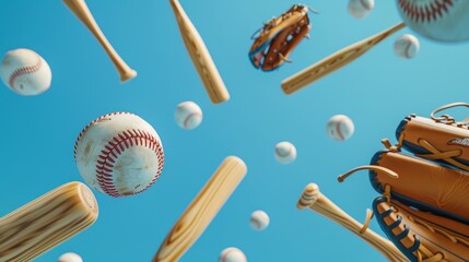 Fototapete - Baseball bats and gloves hovering in mid-air   AI generated illustration