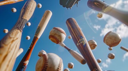 Fototapete - Baseball bats and gloves hovering in mid-air   AI generated illustration