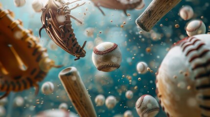 Wall Mural - Baseball bats and gloves hovering in mid-air  AI generated illustration