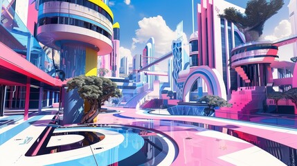 Wall Mural - Bold Memphis style architecture in a futuristic city  AI generated illustration