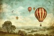 vintage hot air balloons flying over picturesque countryside whimsical adventure illustration