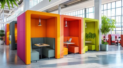 Colorful cubicles in a large office space   AI generated illustration