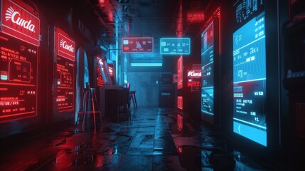 Poster - Cyberpunk-style credit card logos illuminating a dark room   AI generated illustration