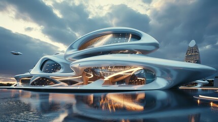 Wall Mural - D render of a futuristic building with isolated elements   AI generated illustration