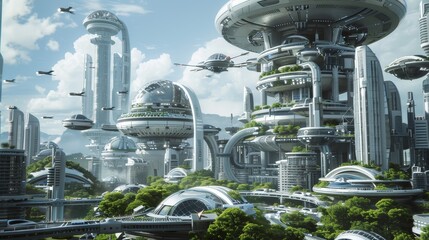 Wall Mural - D render of a futuristic city with flying cars and green rooftops   AI generated illustration