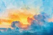 watercolor painted abstract sunset sky with puffy clouds in pastel colors digital ilustration