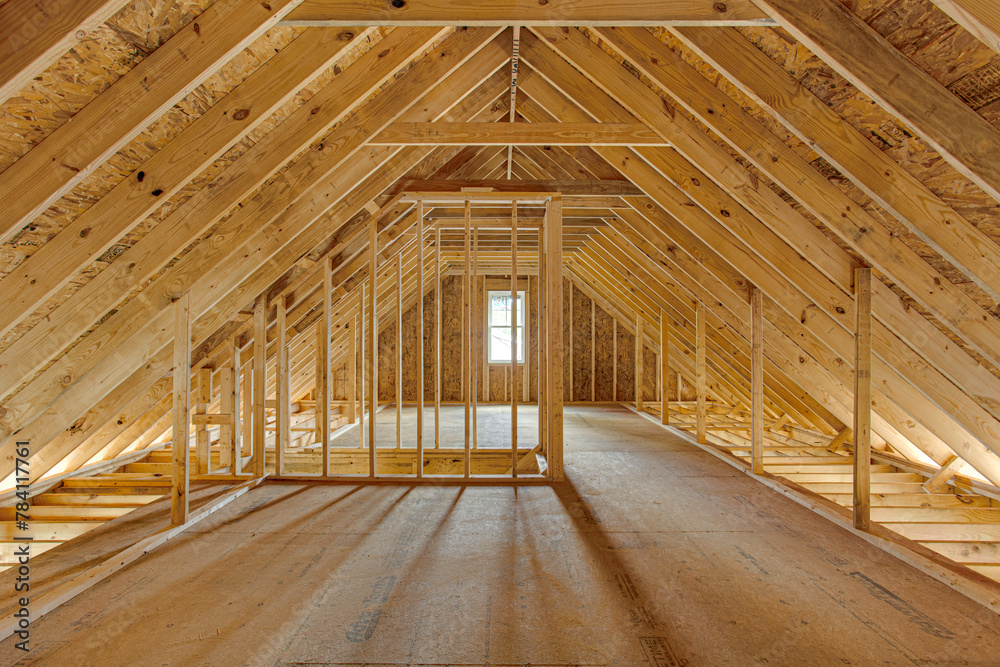 Attic Components Structural Spacious Attic Under Construction with Exposed Wooden Beams and ...