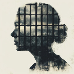 awareness of mental health, double exposure woman head and prison bars, get trapped inside her head