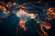 Glowing digital nodes and connections forming a world map, symbolizing global communication, digital world map. South Asia