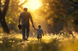 Father and son walking hand in hand in golden sunset light, Father's day