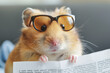 Intellectual hamster with glasses reading a paper