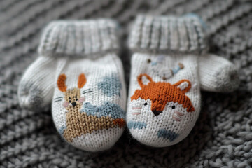 Canvas Print - A pair of tiny baby mittens with playful animal designs.