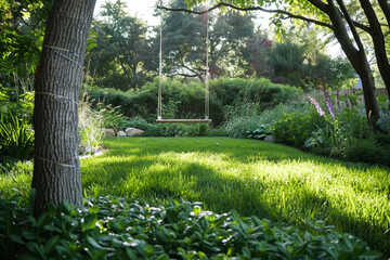 Canvas Print - A peaceful garden with a swing waiting for the baby's first outdoor adventures.