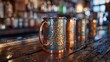 Ornate copper mug on a wooden bar counter with blurred background