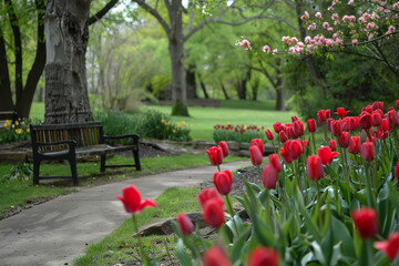 Canvas Print - A peaceful park with blooming tulips, welcoming the arrival of spring.