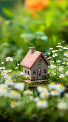 Mini house model on spring grass, real estate investment and financial management concept illustration