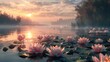 Pink water lilies on the lake at sunset with a beautiful sky and clouds reflecting in the water.