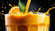 orange juice splash fresh on black background, close up
