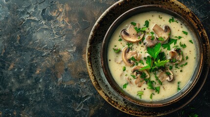 Wall Mural - Mushroom cream soup. Soup in a bowl. Top view. Free space for your text.