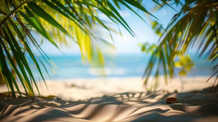 Wall Mural - Summer exotic sandy beach with blur palms and sea on background